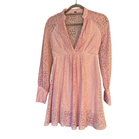 Free People sz 2 pink lace boho prairie knee length long sleeve dress - Picture 1 of 5